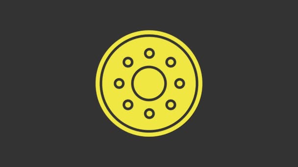 Ícone de escudo de madeira redondo amarelo isolado no fundo cinza. Segurança, segurança, proteção, privacidade, conceito de guarda. Animação gráfica em movimento de vídeo 4K — Vídeo de Stock