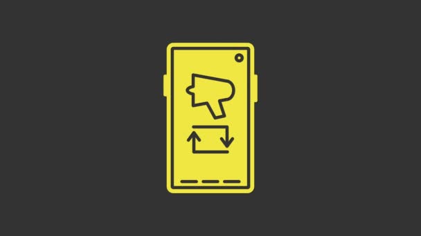 Yellow Spread the word, megaphone on mobile phone icon isolated on grey background. 4K Video motion graphic animation — Stock Video