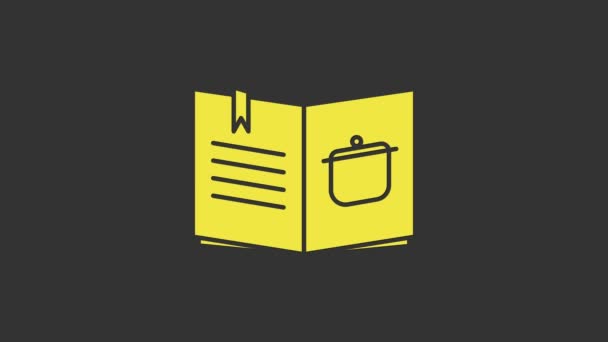 Sárga szakácskönyv ikon elszigetelt szürke háttér. Főzős könyv ikon. Recept könyv. Villa- és késikonok. Evőeszköz szimbólum. 4K Videó mozgás grafikus animáció — Stock videók