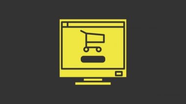 Ekran bilgisayarındaki sarı alışveriş arabası gri arkaplanda izole edilmiş. Konsept e-ticaret, e-ticaret, online iş pazarlama. 4K Video hareketli grafik canlandırması