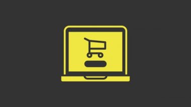 Ekran dizüstü bilgisayarındaki sarı alışveriş arabası gri arkaplanda izole edilmiş. Konsept e-ticaret, e-ticaret, online iş pazarlama. 4K Video hareketli grafik canlandırması