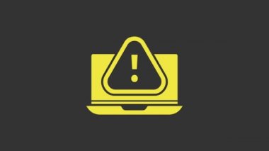 Gri arkaplanda ünlem işareti simgesi olan sarı dizüstü bilgisayar. Uyarı mesajı akıllı telefon uyarısı. 4K Video hareketli grafik canlandırması