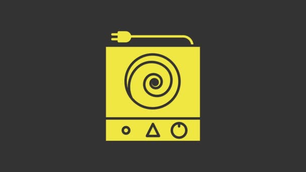 Gelbes Elektroherd-Symbol isoliert auf grauem Hintergrund. Kochschild. Herd mit vier Kreisbrennern. 4K Video Motion Grafik Animation — Stockvideo
