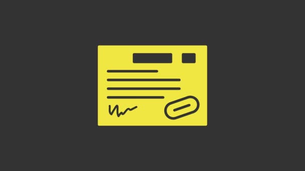 Ikona žlutého záručního listu izolovaná na šedém pozadí. Grafická animace pohybu videa 4K — Stock video