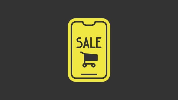 Telefone celular amarelo e ícone do carrinho de compras isolado no fundo cinza. Símbolo de compra online. Símbolo da cesta de supermercado. Animação gráfica em movimento de vídeo 4K — Vídeo de Stock
