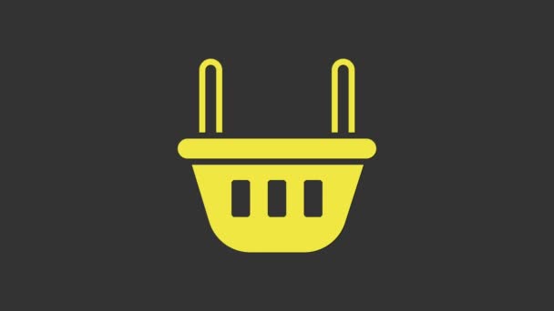 Ícone amarelo da cesta de compras isolado no fundo cinza. Loja de comida, supermercado. Animação gráfica em movimento de vídeo 4K — Vídeo de Stock