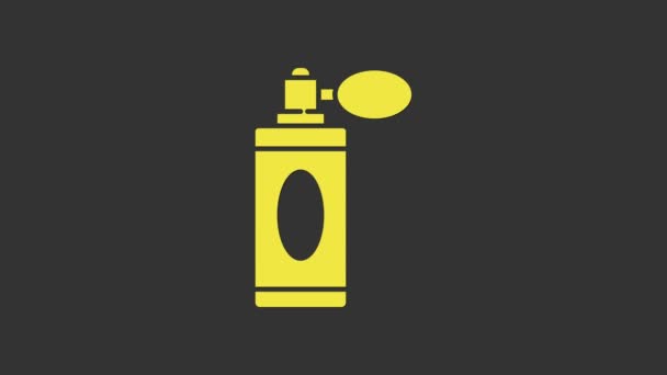 黄色のアフターシェービングボトルにアトマイザーアイコンがグレーの背景に隔離されています。ケルンスプレーアイコン。男性香水瓶。4Kビデオモーショングラフィックアニメーション — ストック動画