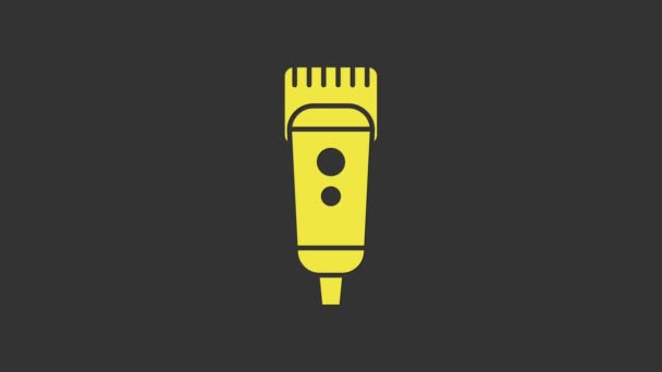 Geel Elektrische tondeuse of scheerapparaat pictogram geïsoleerd op grijze achtergrond. Barbershop symbool. 4K Video motion grafische animatie — Stockvideo