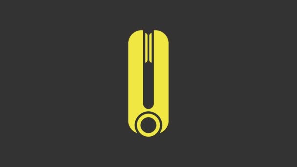 Gelber Lockenstab für Haarsymbol isoliert auf grauem Hintergrund. Haarglätter-Symbol. 4K Video Motion Grafik Animation — Stockvideo