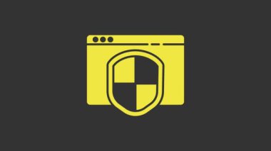 Gri arkaplanda kalkan simgesi olan sarı tarayıcı. Güvenlik, güvenlik, koruma, gizlilik kavramı. 4K Video hareketli grafik canlandırması