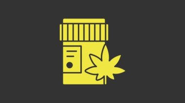 Sarı tıbbi şişede marihuana veya kenevir yaprağı ikonu gri arka planda izole edilmiş. Kavanozlardaki kenevir yağı özlerini taklit et. 4K Video hareketli grafik canlandırması