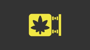 Sarı marihuana ve kenevir dükkanı ikonu gri arka planda izole edilmiş. Sigara içmek, tıbbi esrar depolamak için ekipman ve aksesuarlar. 4K Video hareketli grafik canlandırması