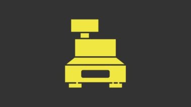 Gri arka planda izole edilmiş çek simgesi olan sarı kasa makinesi. Kasiyer tabelası. Tabut sembolü. 4K Video hareketli grafik canlandırması