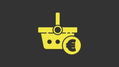 Sarı alışveriş sepeti ve avro sembolü gri arka planda izole edilmiş. İnternetten satın alma konsepti. Teslimat servisi. Alışveriş arabası. 4K Video hareketli grafik canlandırması