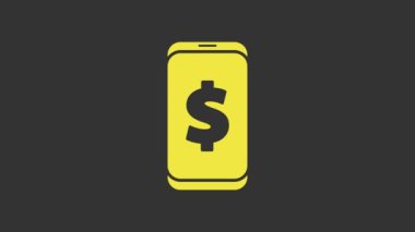 Gri arkaplanda dolar sembolü olan sarı akıllı telefon. İnternetten alışveriş konsepti. Finansal cep telefonu. Çevrimiçi ödeme. 4K Video hareketli grafik canlandırması