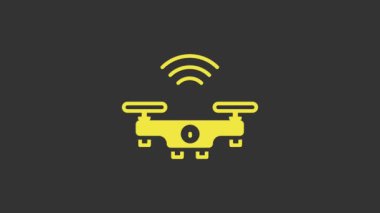 Sarı Akıllı İHA sistem simgesi gri arkaplanda izole edildi. Video ve fotoğraf makinesi sembollü dörtlü helikopter. 4K Video hareketli grafik canlandırması