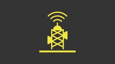 Sarı kablosuz anten simgesi gri arkaplanda izole edildi. Teknoloji ve ağ sinyali radyo anteni. 4K Video hareketli grafik canlandırması