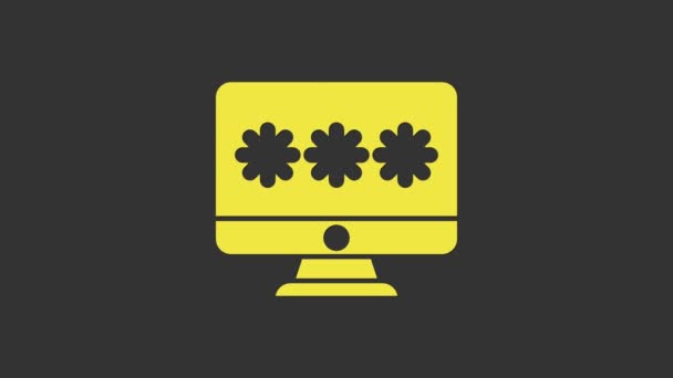 Monitor amarillo con icono de notificación de contraseña aislado en fondo gris. Seguridad, acceso personal, autorización de usuario, formulario de acceso. Animación gráfica de vídeo 4K — Vídeo de stock