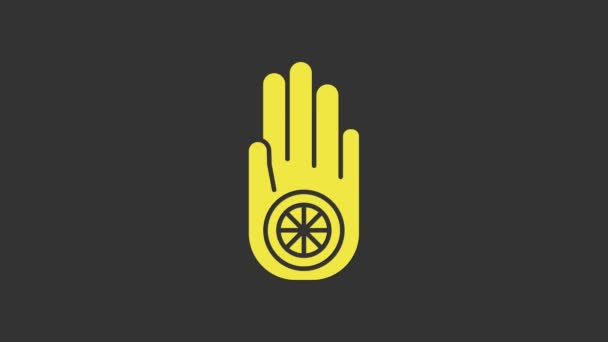 Símbolo amarillo del jainismo o icono de Darma de Jain aislado sobre fondo gris. Signo religioso. Símbolo de Ahimsa. Animación gráfica de vídeo 4K — Vídeo de stock