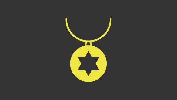 Giallo Star of David collana sull'icona della catena isolato su sfondo grigio. Religione ebraica. Simbolo di Israele. Gioielli e accessori. Animazione grafica 4K Video motion — Video Stock