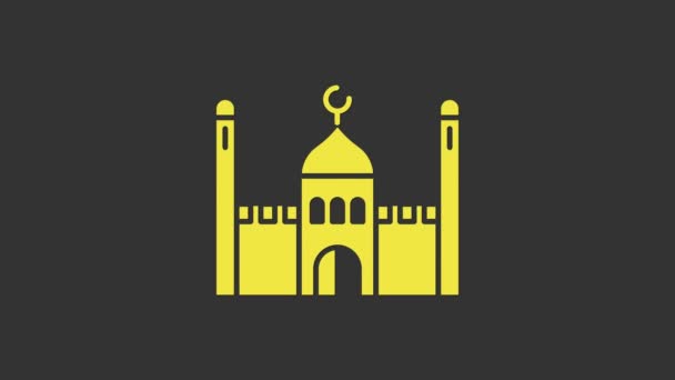 Ícone amarelo da mesquita muçulmana isolado no fundo cinza. Animação gráfica em movimento de vídeo 4K — Vídeo de Stock