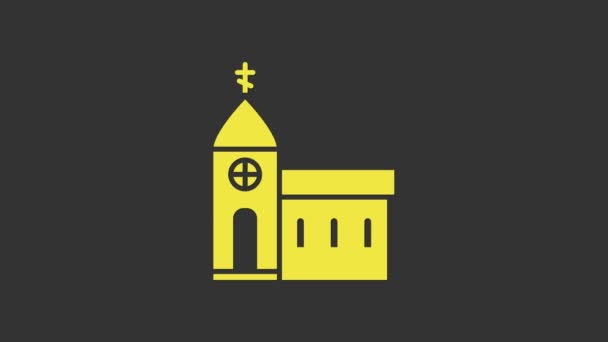 Icône de bâtiment de l'église jaune isolée sur fond gris. Église chrétienne. Religion d'église. Animation graphique de mouvement vidéo 4K — Video