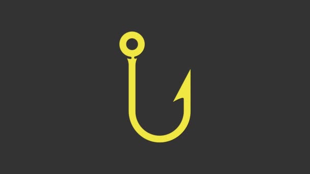 Gelbes Angelhaken-Symbol isoliert auf grauem Hintergrund. Angeln. 4K Video Motion Grafik Animation — Stockvideo