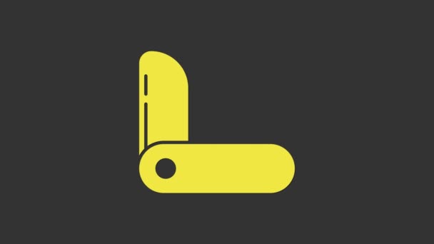 Žlutý švýcarský nůž ikona izolované na šedém pozadí. Multifunkční, víceúčelový nůž. Multifunkční nástroj. Grafická animace pohybu videa 4K — Stock video
