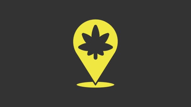 Puntero de mapa amarillo e ícono de hoja de marihuana o cannabis aislado sobre fondo gris. Un símbolo de cáñamo. Animación gráfica de vídeo 4K — Vídeos de Stock