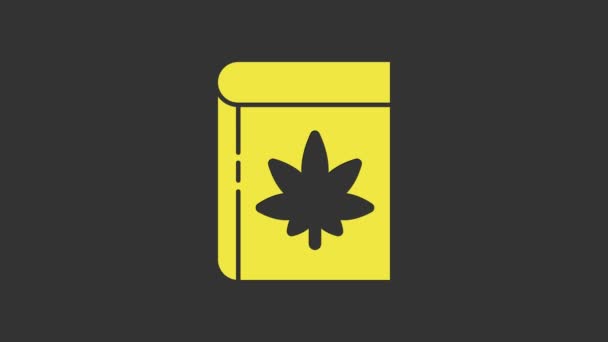 Livre jaune et icône de marijuana ou de feuille de cannabis isolé sur fond gris. Symbole de chanvre. Animation graphique de mouvement vidéo 4K — Video