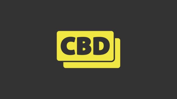 Icono de molécula de cannabis amarillo aislado sobre fondo gris. Estructuras moleculares de cannabidiol, THC y fórmula CBD. Signo de marihuana. Animación gráfica de vídeo 4K — Vídeo de stock