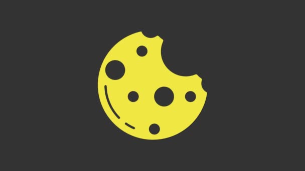 Biscotti di cioccolato giallo con icona di foglie di marijuana isolate su sfondo grigio. Erba, ganja, cannabis medica e ricreativa. Animazione grafica 4K Video motion — Video Stock