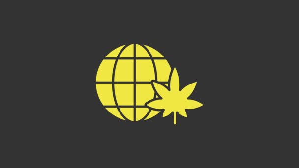 Sárga Legalizálja marihuána vagy cannabis földgömb szimbólum ikon elszigetelt szürke alapon. Kenderszimbólum. 4K Videó mozgás grafikus animáció — Stock videók