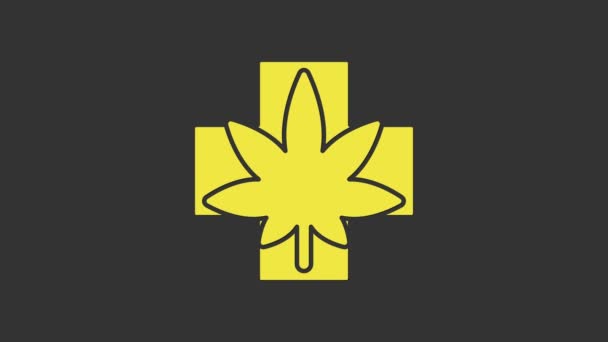 Yellow Medical marijuana ou ícone de folha de cannabis isolado em fundo cinza. Símbolo de cânhamo. Animação gráfica em movimento de vídeo 4K — Vídeo de Stock