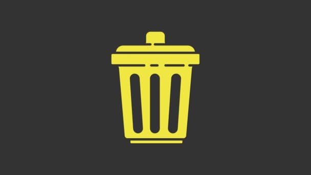 Жовтий смітник може ізольовано на сірому фоні. Знак сміття. Піктограма кошика для переробки. Піктограма офісного сміття. 4K Відео рух графічна анімація — стокове відео