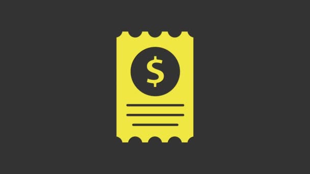 Comprobación de papel amarillo e icono de verificación financiera aislados sobre fondo gris. Comprobación de impresión de papel, recibo de la tienda o factura. Animación gráfica de vídeo 4K — Vídeos de Stock