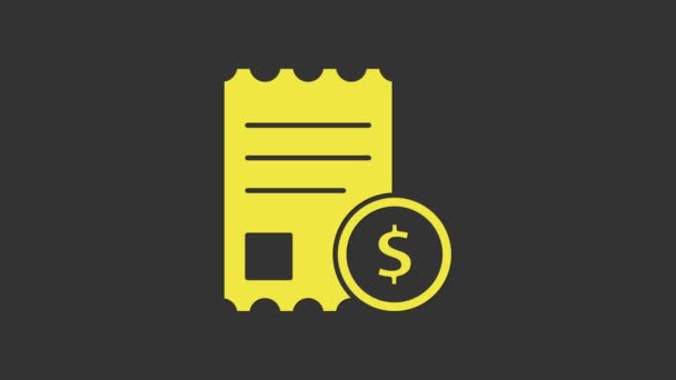 Κίτρινος χάρτινος έλεγχος και εικονίδιο δημοσιονομικού ελέγχου απομονωμένο σε γκρι φόντο. Έλεγχος εκτύπωσης σε χαρτί, απόδειξη καταστήματος ή λογαριασμός. 4K Γραφική κίνηση κίνησης βίντεο — Αρχείο Βίντεο