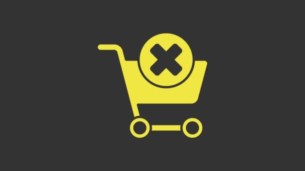 黄色灰色の背景に隔離されたショッピングカートアイコンを削除します。オンライン購入の概念。配送サービス。スーパーマーケットバスケットとXマーク。4Kビデオモーショングラフィックアニメーション — ストック動画
