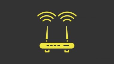 Sarı Yönlendirici ve Wi-Fi sinyal simgesi gri arkaplanda izole edildi. Kablosuz ethernet modem yönlendirici. Bilgisayar teknolojisi interneti. 4K Video hareketli grafik canlandırması