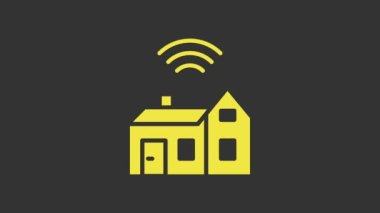 Gri arkaplanda kablosuz ikonu olan Sarı Akıllı ev. Uzaktan kumanda. İnternet kavramının kablosuz bağlantısı. 4K Video hareketli grafik canlandırması