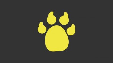Sarı Paw yazdırma simgesi gri arkaplanda izole edildi. Köpek ya da kedi pençesi izi. Hayvan izleri. 4K Video hareketli grafik canlandırması