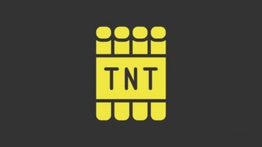 Sarı dinamit bomba çubuğu ve zamanlayıcı ikonu gri arka planda izole edildi. Saatli bomba - patlama tehlikesi kavramı. 4K Video hareketli grafik canlandırması