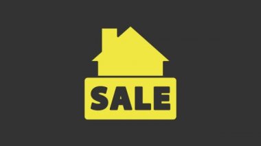 Sarı asma işareti ve gri arkaplanda izole edilmiş metin satışı simgesi. Mesaj indirimli tabela. 4K Video hareketli grafik canlandırması