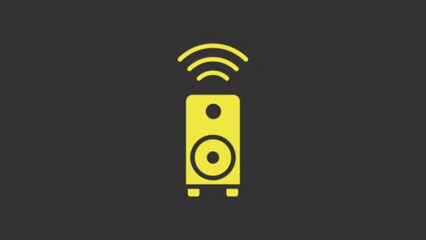 黄色智能立体声扬声器系统图标孤立在灰色背景.音响系统扬声器物联网概念与无线连接.4K视频运动图形动画 — 图库视频影像
