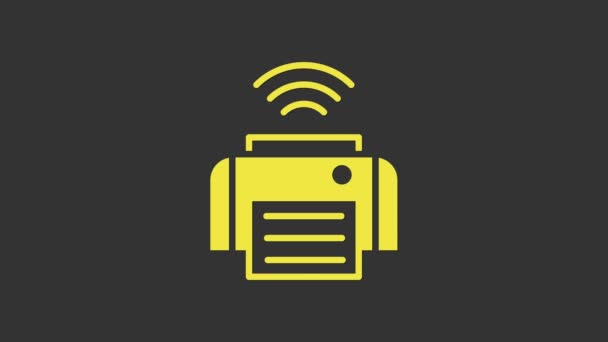 Gelbes Smart-Druckersystem-Symbol isoliert auf grauem Hintergrund. Konzept Internet der Dinge mit drahtloser Verbindung. 4K Video Motion Grafik Animation — Stockvideo