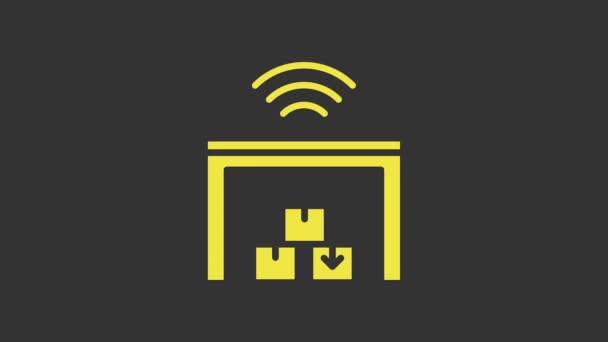 灰色の背景に隔離された黄色のスマート倉庫システムアイコン。4Kビデオモーショングラフィックアニメーション — ストック動画