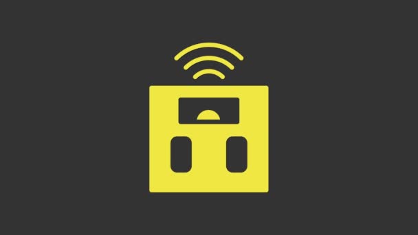Gelbe Waagen Smart Bad Icon isoliert auf grauem Hintergrund. Gewichtsmessgeräte. Konzept Internet der Dinge mit drahtloser Verbindung. 4K Video Motion Grafik Animation — Stockvideo