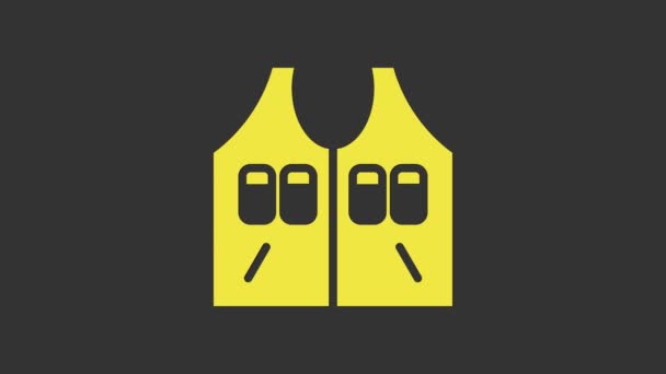 Жовта піктограма мисливської куртки ізольована на сірому фоні. Мисливський жилет. 4K Відео рух графічна анімація — стокове відео