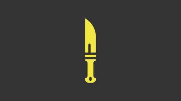 Coltello icona cacciatore giallo isolato su sfondo grigio. Coltello militare. Animazione grafica 4K Video motion — Video Stock