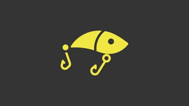 Желтая иконка рыбалки выделена на сером фоне. Рыболовные снасти. Видеографическая анимация 4K — стоковое видео